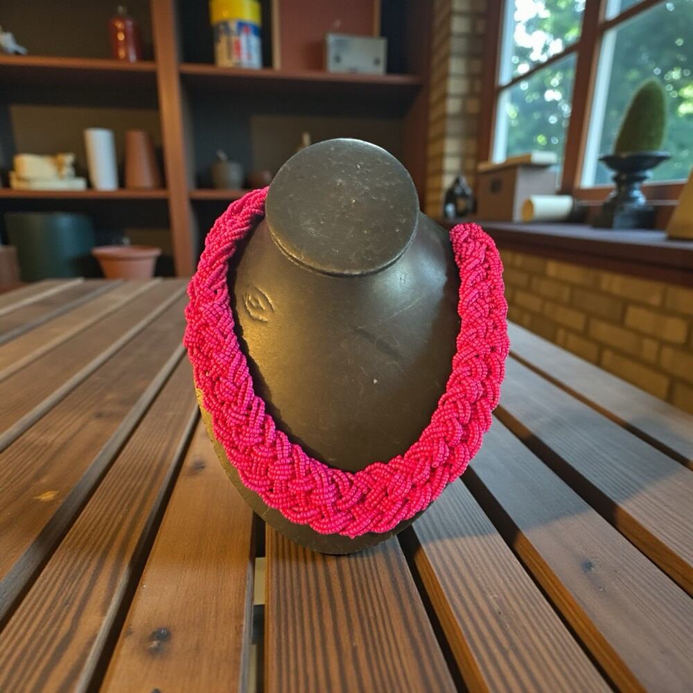 Pink Seed Beaded Braided Choker Collar Statement Necklace With Extender